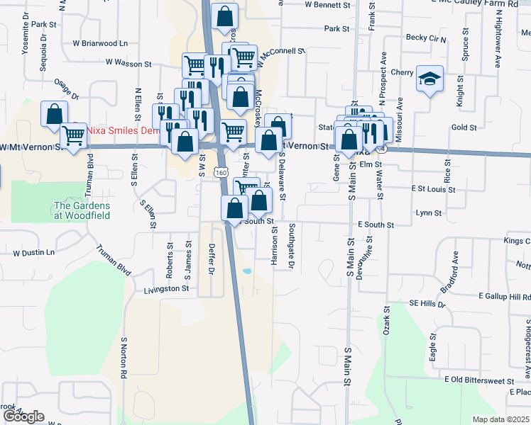 map of restaurants, bars, coffee shops, grocery stores, and more near 212 South Fort Street in Nixa