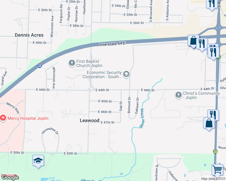 map of restaurants, bars, coffee shops, grocery stores, and more near 1631-1799 E 44th St in Joplin