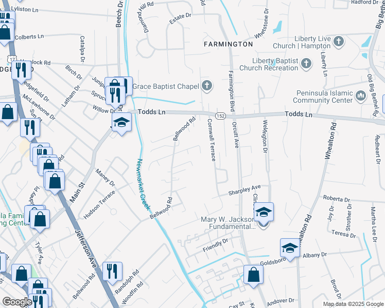 map of restaurants, bars, coffee shops, grocery stores, and more near 13 Ashwood Drive in Hampton