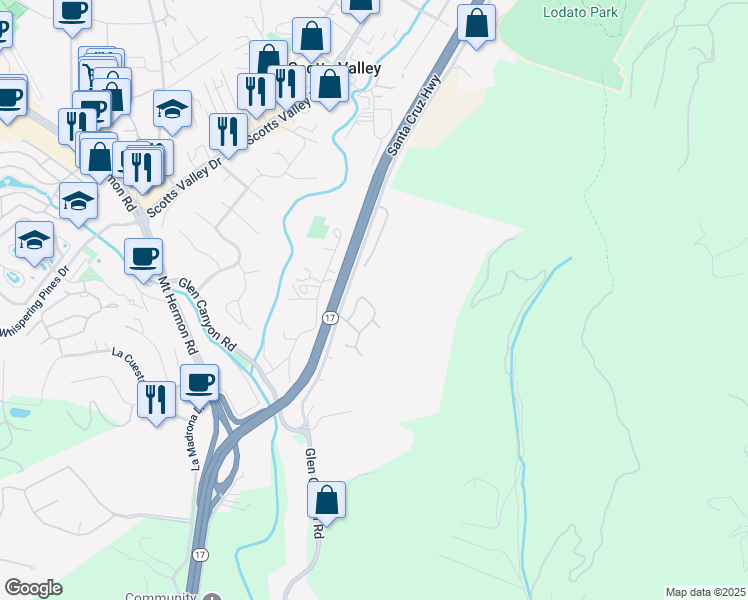 map of restaurants, bars, coffee shops, grocery stores, and more near 307 Sidesaddle Circle in Scotts Valley