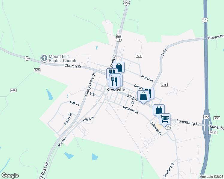map of restaurants, bars, coffee shops, grocery stores, and more near 155 King Street in Keysville
