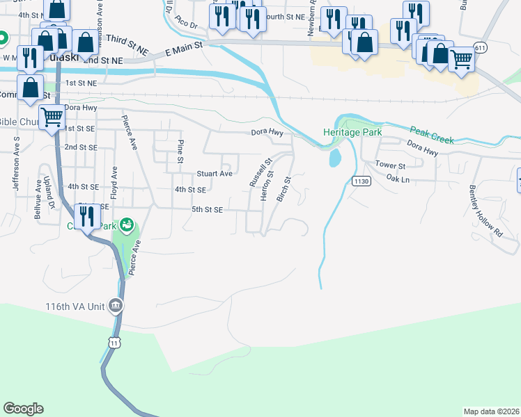 map of restaurants, bars, coffee shops, grocery stores, and more near 316-498 Herron Street in Pulaski