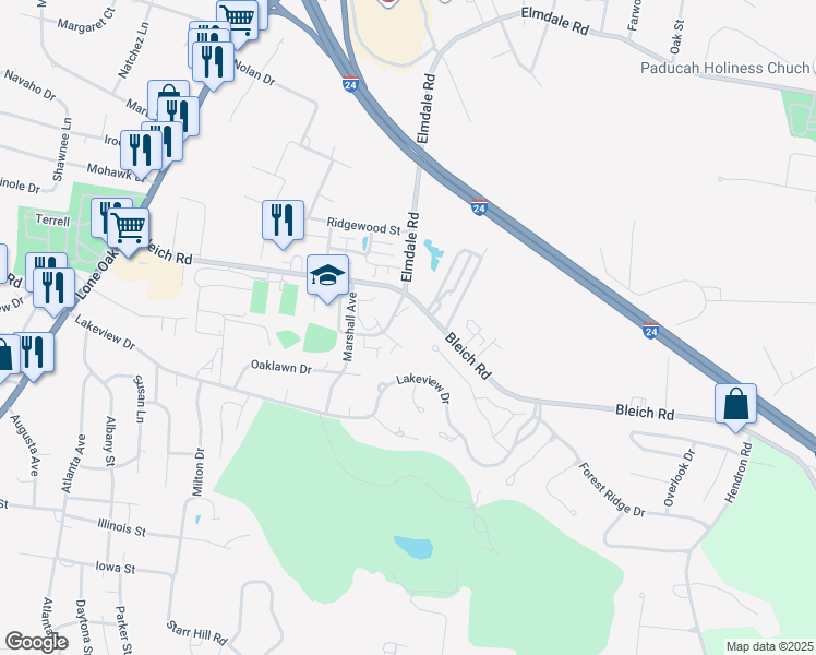 map of restaurants, bars, coffee shops, grocery stores, and more near 1700 Elmdale Road in Paducah