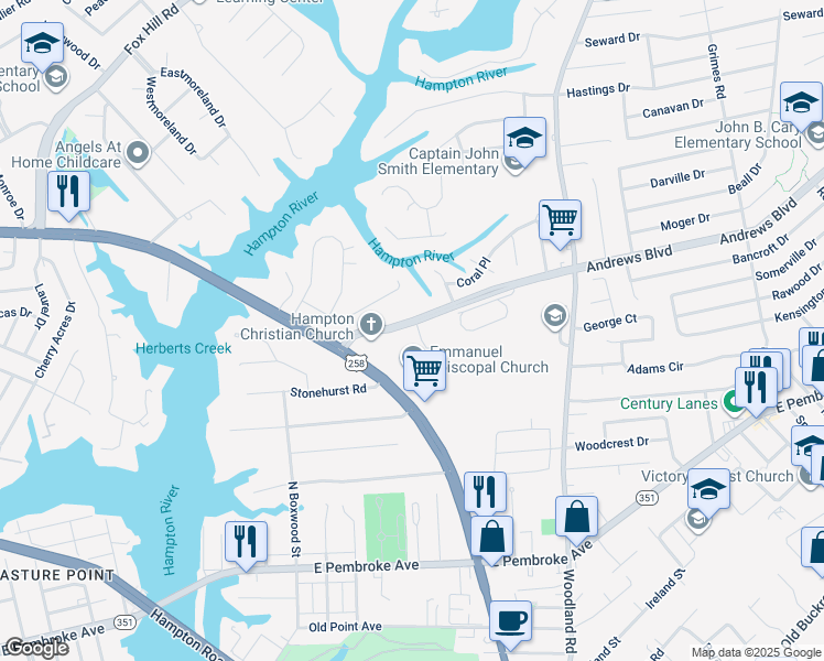 map of restaurants, bars, coffee shops, grocery stores, and more near 2 Pirates Cove in Hampton