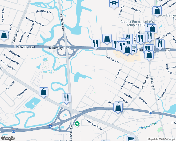 map of restaurants, bars, coffee shops, grocery stores, and more near 1501 Bethel Avenue in Hampton
