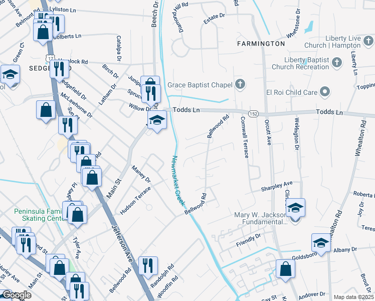 map of restaurants, bars, coffee shops, grocery stores, and more near 11 Ironwood Way in Hampton