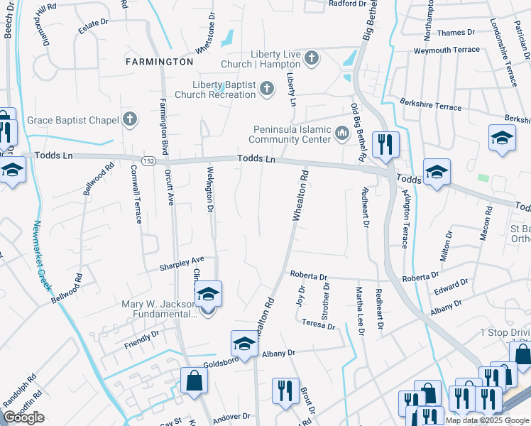 map of restaurants, bars, coffee shops, grocery stores, and more near 27 Warner Road in Hampton