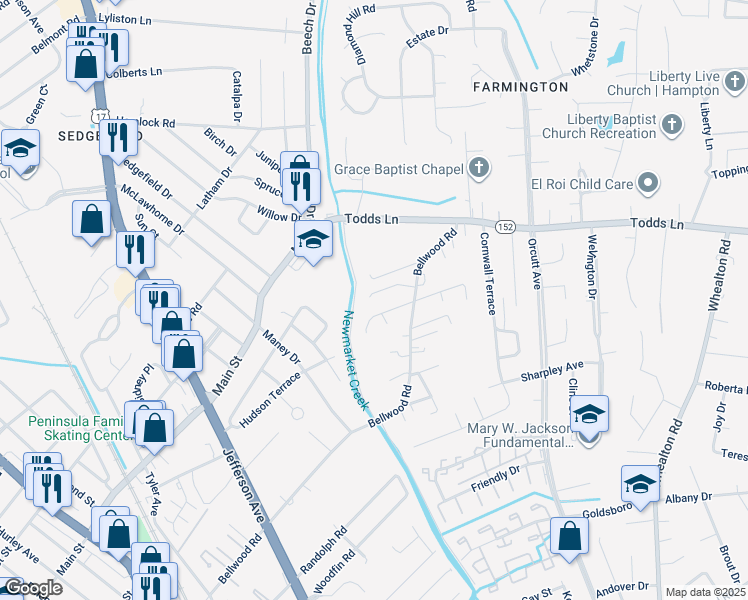 map of restaurants, bars, coffee shops, grocery stores, and more near 11 Ironwood Way in Hampton