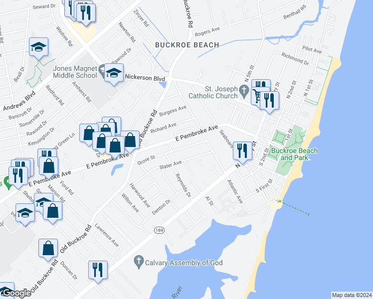 map of restaurants, bars, coffee shops, grocery stores, and more near 719 Grove Street in Hampton