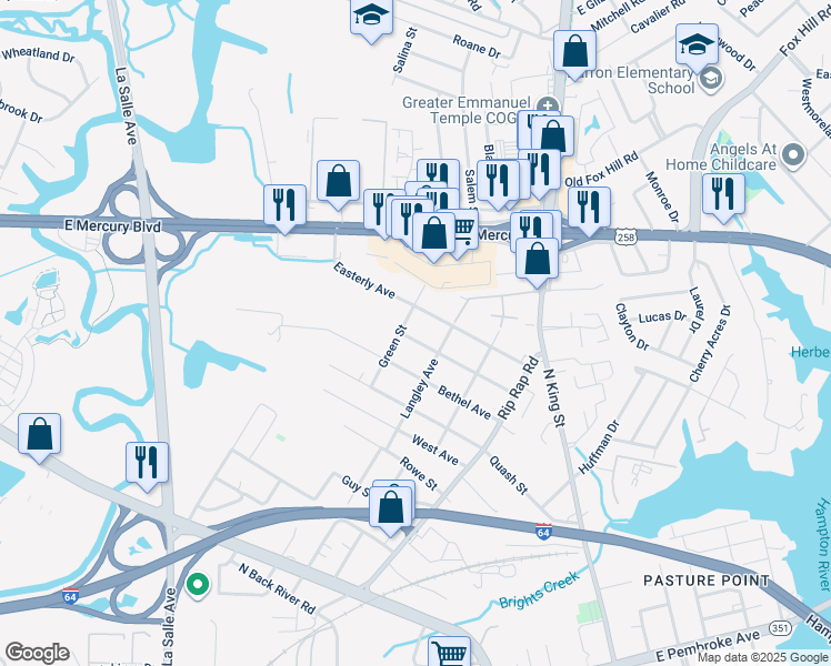 map of restaurants, bars, coffee shops, grocery stores, and more near 1212 Parkside Avenue in Hampton