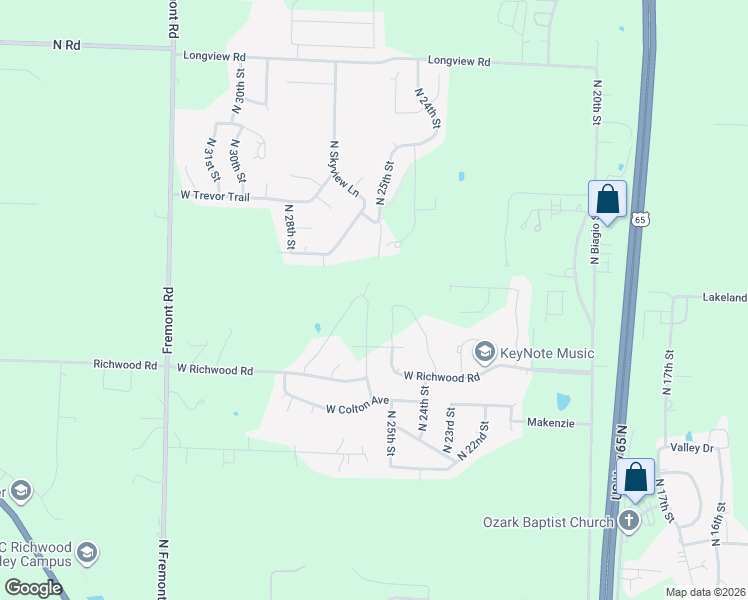 map of restaurants, bars, coffee shops, grocery stores, and more near 2506 North Skyview Lane in Ozark