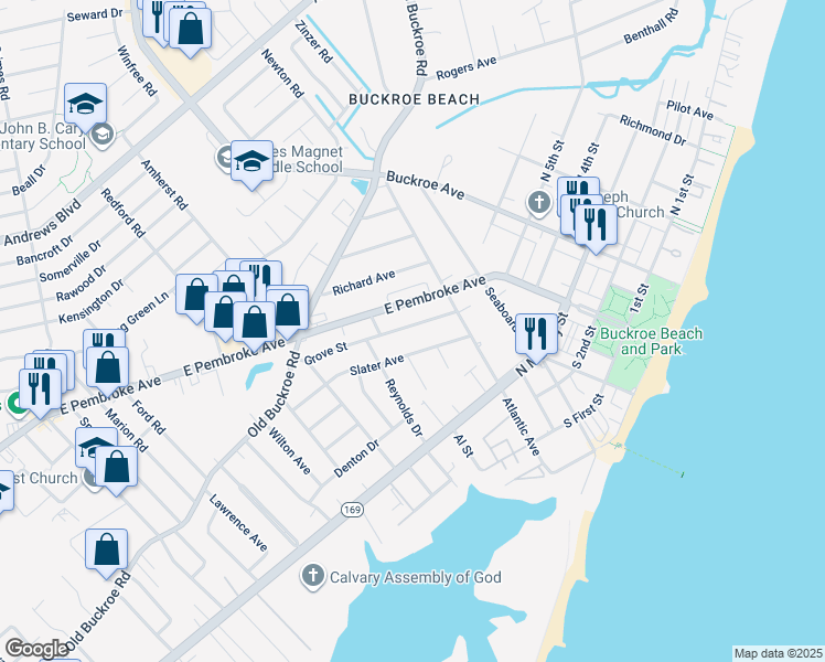 map of restaurants, bars, coffee shops, grocery stores, and more near 719 Grove Street in Hampton