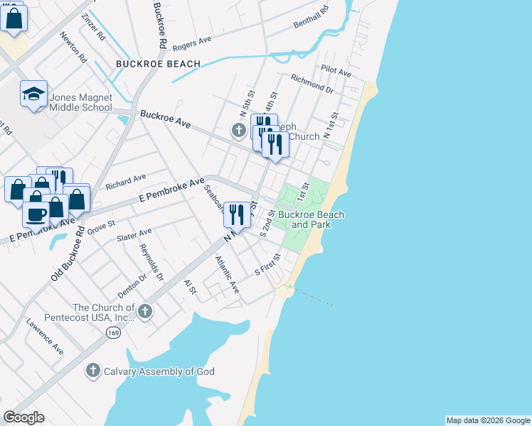 map of restaurants, bars, coffee shops, grocery stores, and more near 138 South 2nd Street in Hampton
