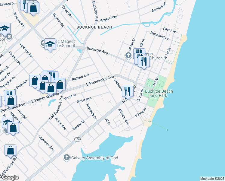 map of restaurants, bars, coffee shops, grocery stores, and more near 332 Atlantic Avenue in Hampton