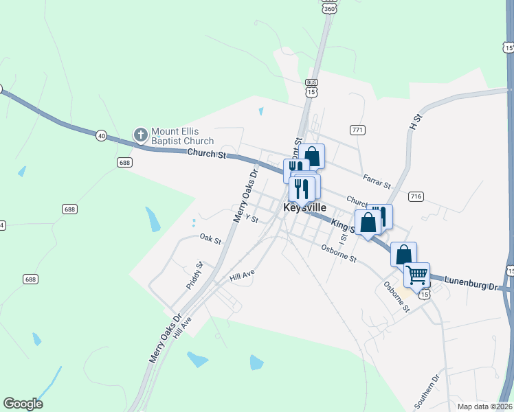 map of restaurants, bars, coffee shops, grocery stores, and more near 130 Fowlkes Street in Keysville