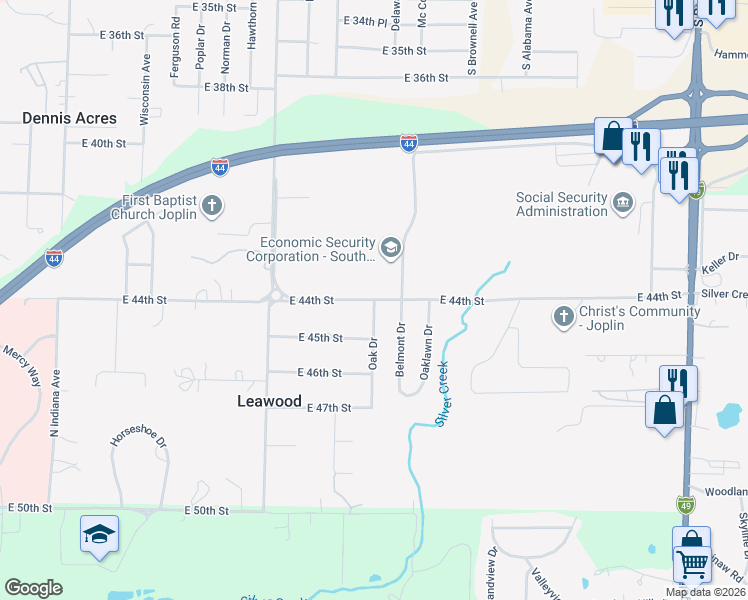 map of restaurants, bars, coffee shops, grocery stores, and more near 4400 Oak Drive in Joplin