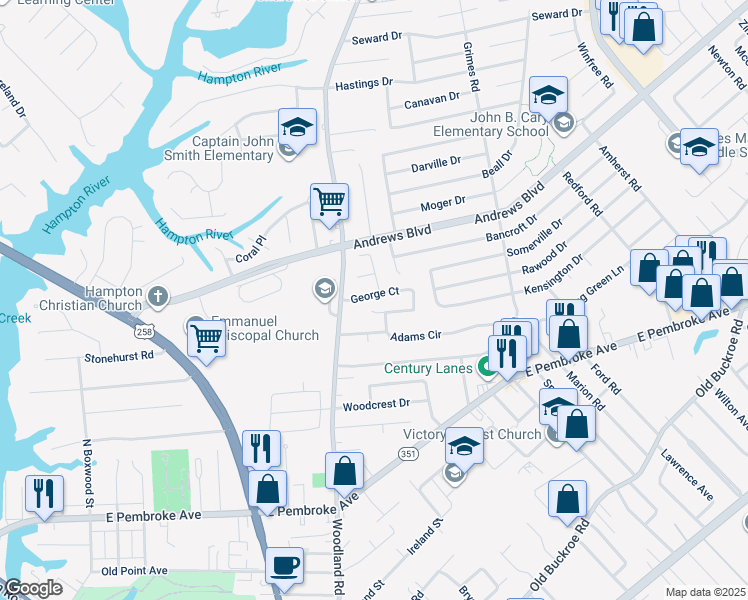 map of restaurants, bars, coffee shops, grocery stores, and more near 51 George Court in Hampton