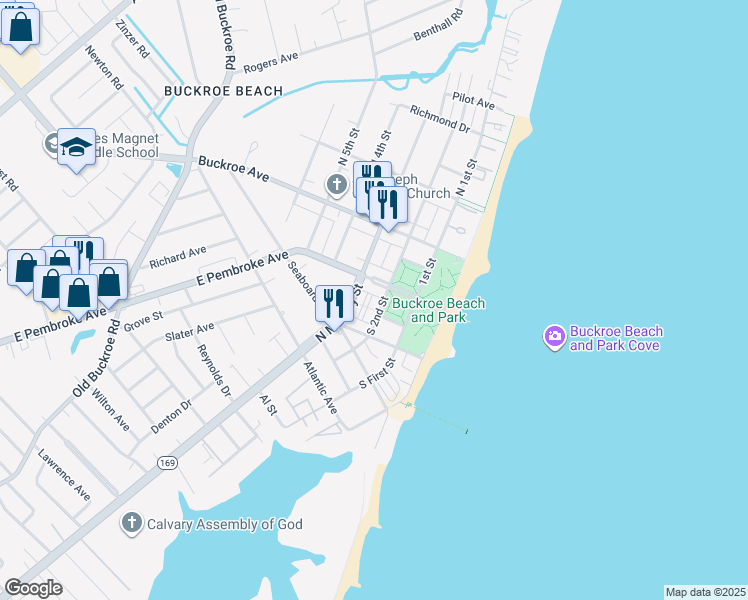map of restaurants, bars, coffee shops, grocery stores, and more near 216 South 2nd Street in Hampton