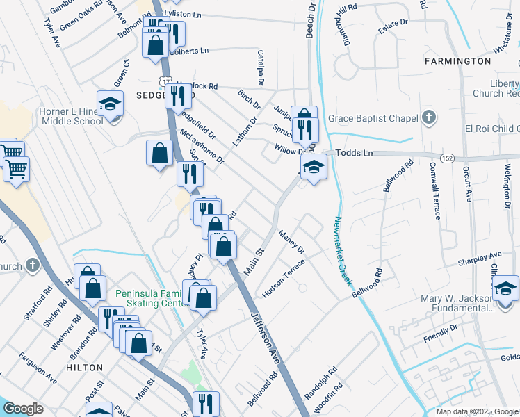 map of restaurants, bars, coffee shops, grocery stores, and more near 731 McLawhorne Drive in Newport News