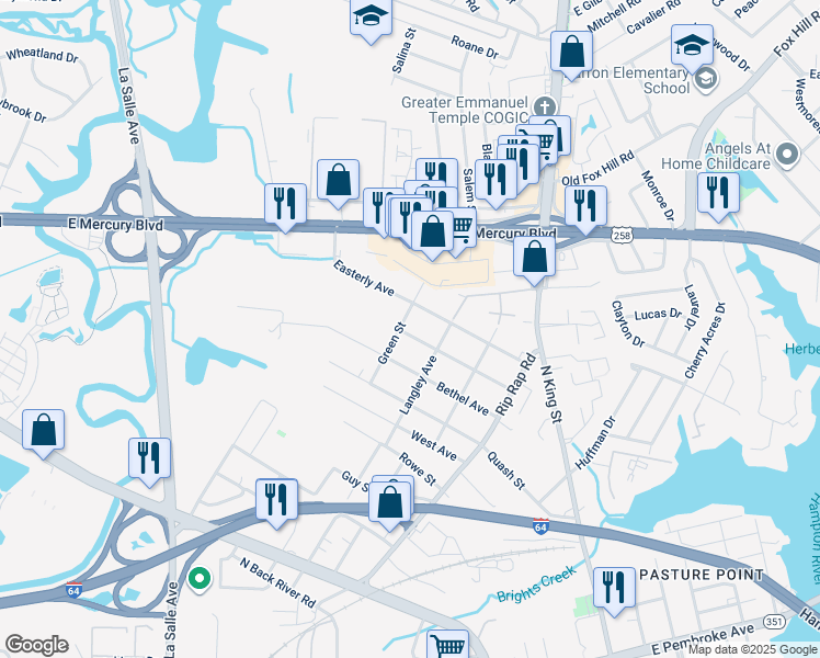 map of restaurants, bars, coffee shops, grocery stores, and more near 1214 Parkside Avenue in Hampton