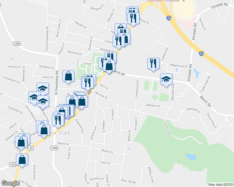 map of restaurants, bars, coffee shops, grocery stores, and more near 229 Glenn Street in Paducah