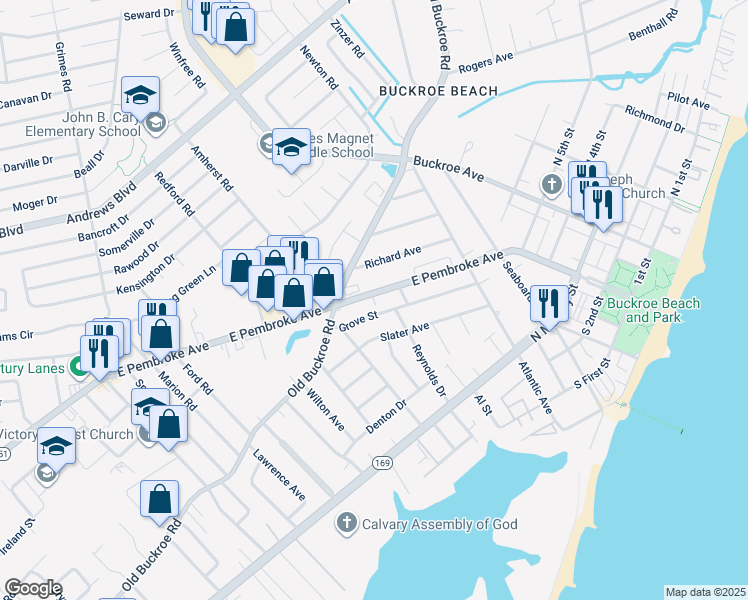 map of restaurants, bars, coffee shops, grocery stores, and more near 2009 East Pembroke Avenue in Hampton