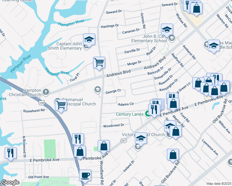 map of restaurants, bars, coffee shops, grocery stores, and more near 47 George Court in Hampton