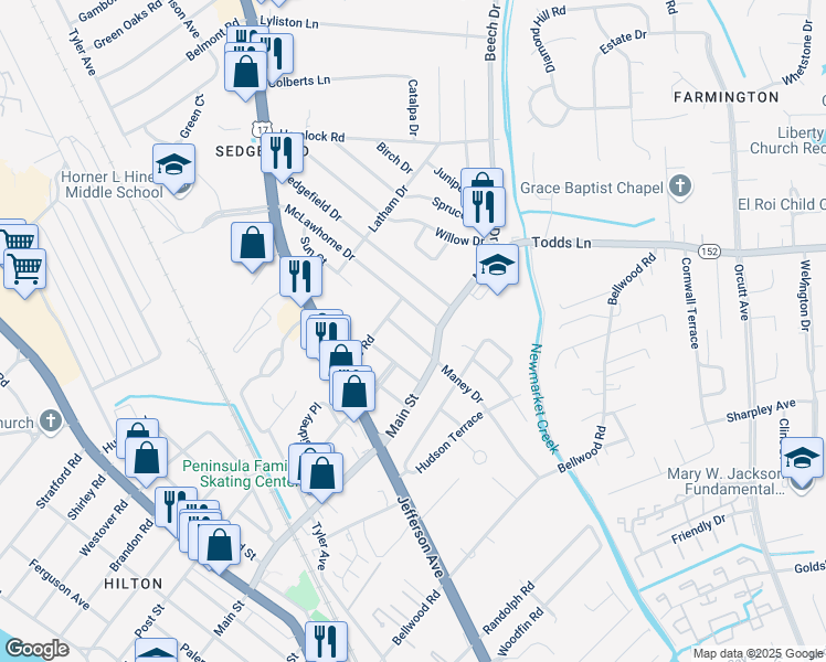 map of restaurants, bars, coffee shops, grocery stores, and more near 731 McLawhorne Drive in Newport News