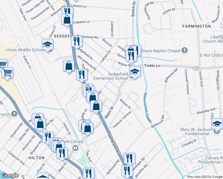 map of restaurants, bars, coffee shops, grocery stores, and more near 731 McLawhorne Drive in Newport News