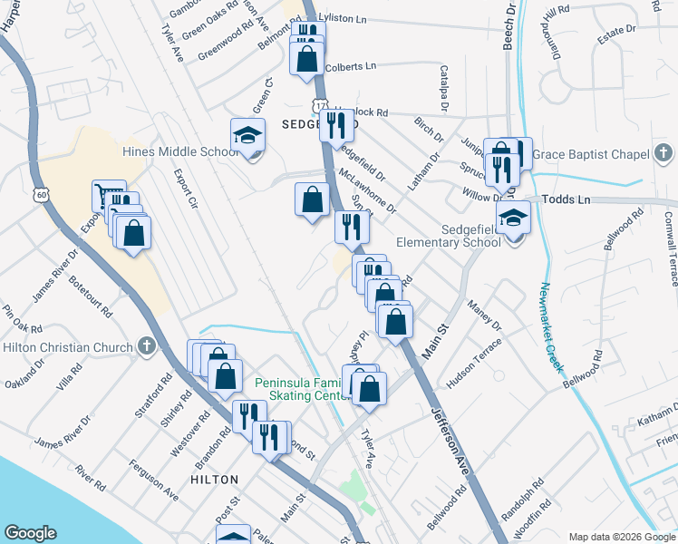 map of restaurants, bars, coffee shops, grocery stores, and more near 10165 Jefferson Avenue in Newport News
