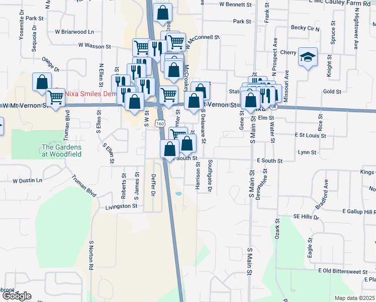 map of restaurants, bars, coffee shops, grocery stores, and more near 212 South Fort Street in Nixa