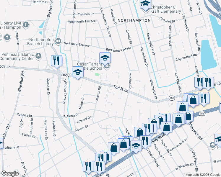 map of restaurants, bars, coffee shops, grocery stores, and more near 1 Hampstead Heath Way in Hampton
