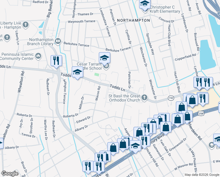 map of restaurants, bars, coffee shops, grocery stores, and more near 1 Hampstead Heath Way in Hampton