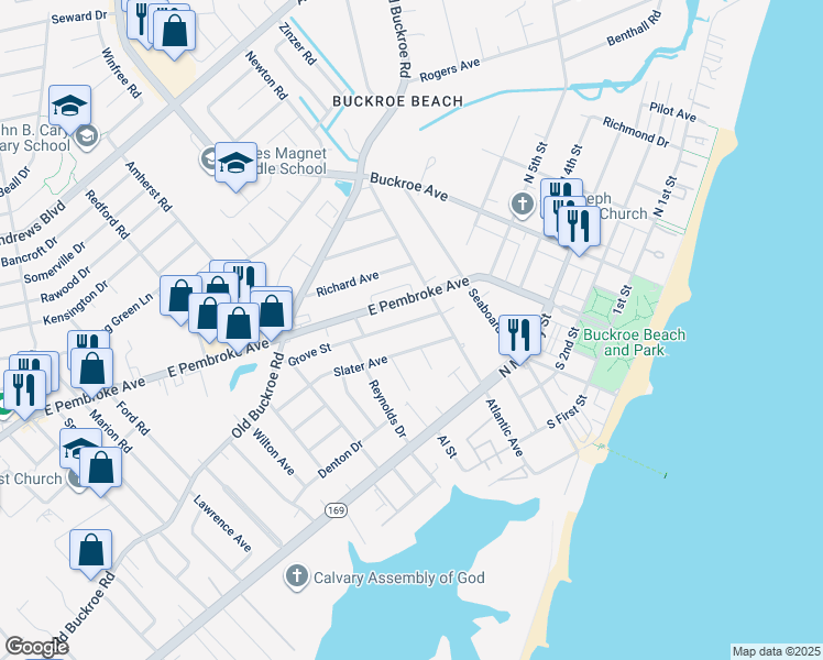 map of restaurants, bars, coffee shops, grocery stores, and more near 713 Grove Street in Hampton