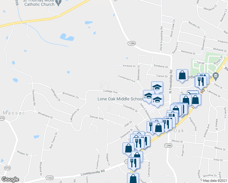 map of restaurants, bars, coffee shops, grocery stores, and more near 548 College Avenue in Paducah
