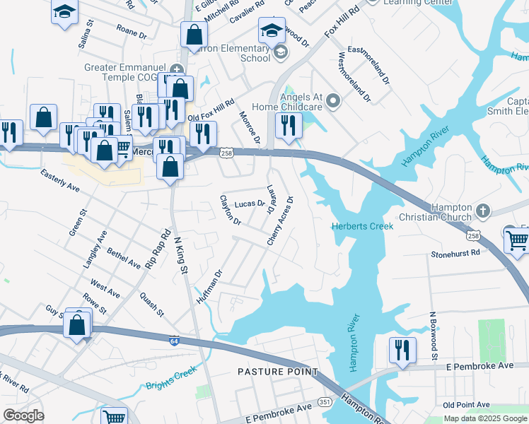 map of restaurants, bars, coffee shops, grocery stores, and more near 37 Laurel Drive in Hampton
