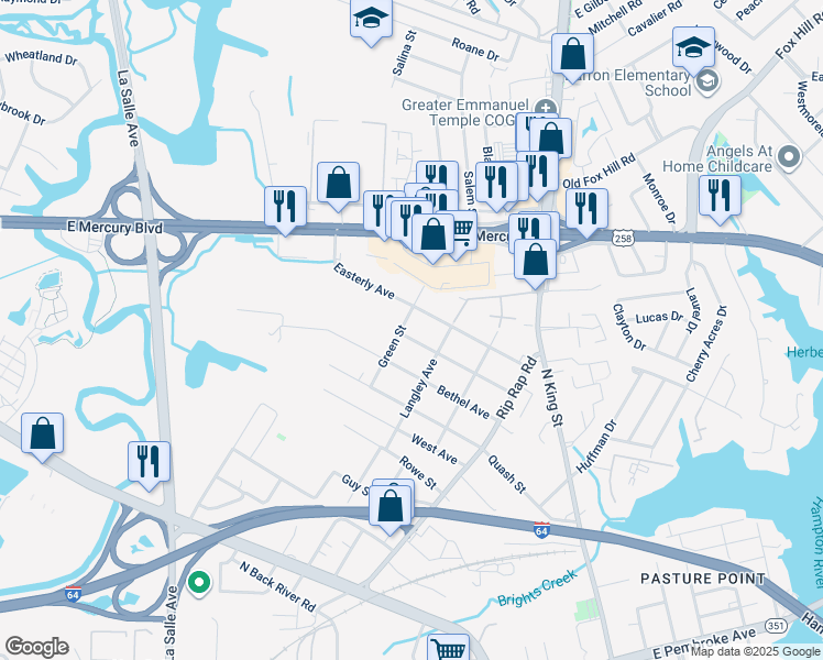 map of restaurants, bars, coffee shops, grocery stores, and more near 1214 Parkside Avenue in Hampton