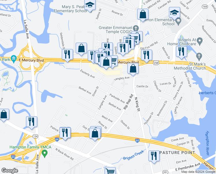 map of restaurants, bars, coffee shops, grocery stores, and more near 1207 Easterly Avenue in Hampton