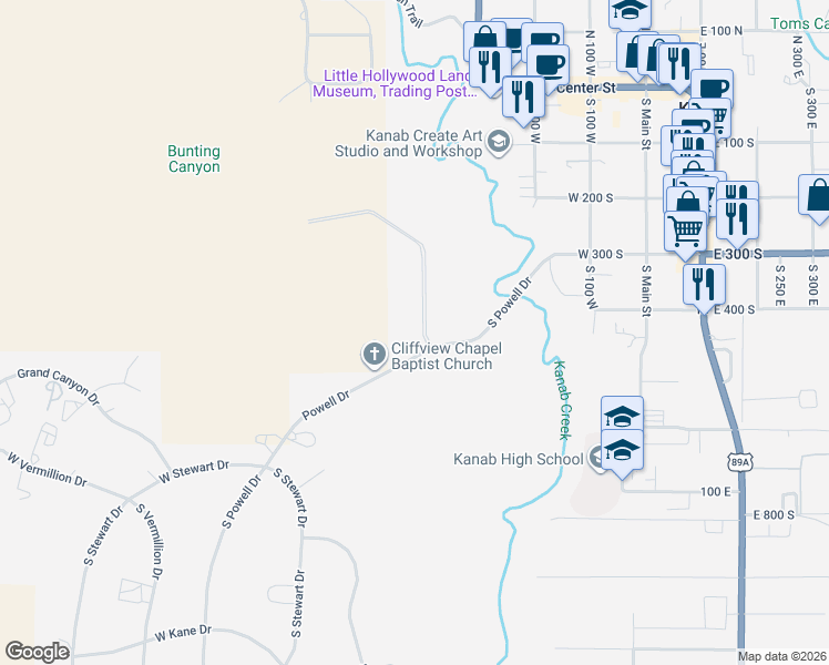 map of restaurants, bars, coffee shops, grocery stores, and more near 490 South 400 East in Kanab