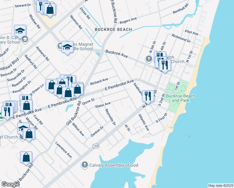 map of restaurants, bars, coffee shops, grocery stores, and more near 713 Grove Street in Hampton
