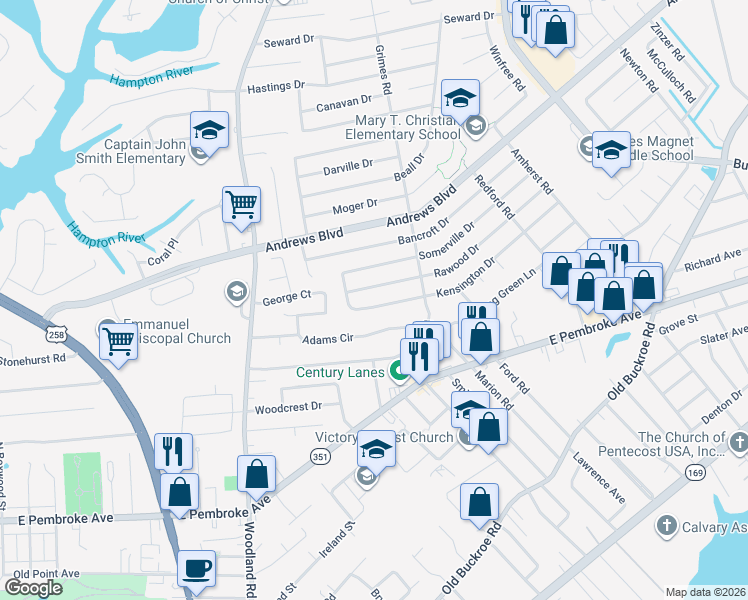 map of restaurants, bars, coffee shops, grocery stores, and more near 1807 Rawood Drive in Hampton
