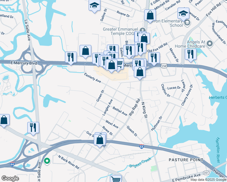 map of restaurants, bars, coffee shops, grocery stores, and more near 1207 Easterly Avenue in Hampton