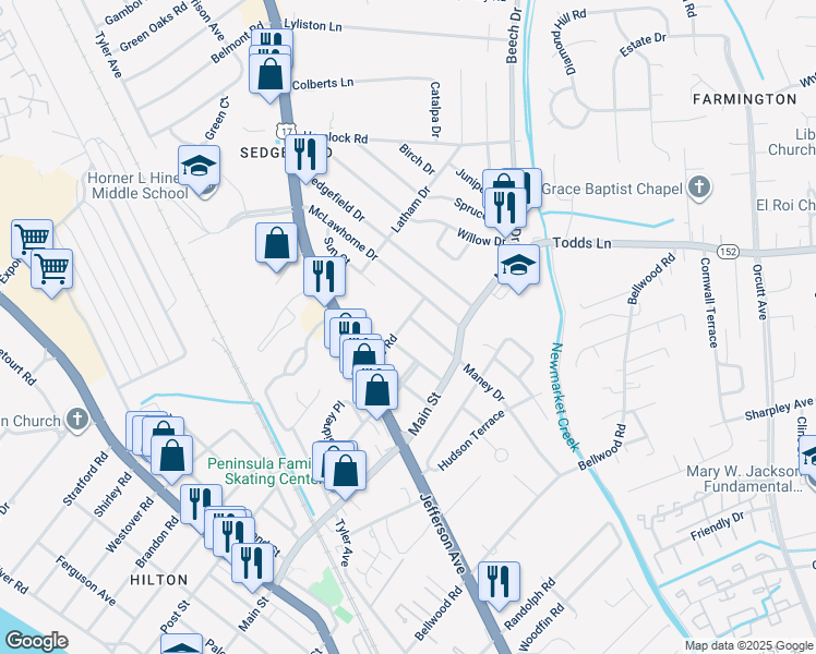 map of restaurants, bars, coffee shops, grocery stores, and more near 321 Maney Drive in Newport News