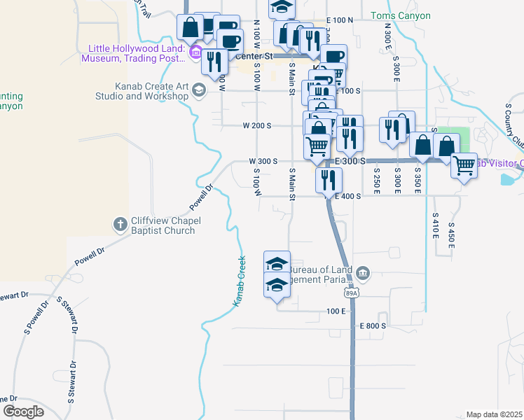 map of restaurants, bars, coffee shops, grocery stores, and more near 437 South 100 West in Kanab