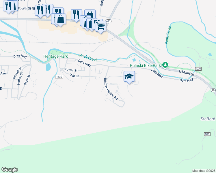 map of restaurants, bars, coffee shops, grocery stores, and more near 102-186 Bentley Lane in Pulaski