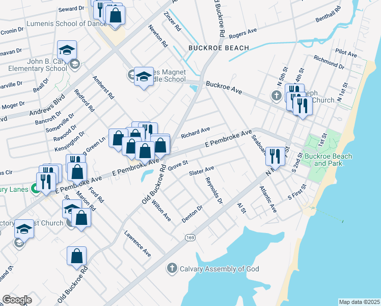 map of restaurants, bars, coffee shops, grocery stores, and more near 2023 East Pembroke Avenue in Hampton