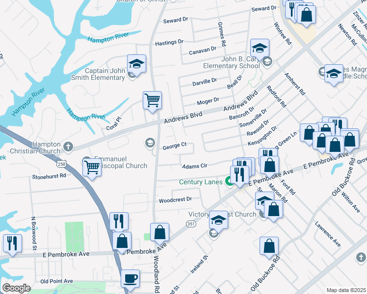 map of restaurants, bars, coffee shops, grocery stores, and more near 4 Miranda Court in Hampton