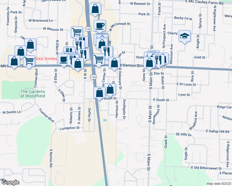 map of restaurants, bars, coffee shops, grocery stores, and more near 212 South Fort Street in Nixa