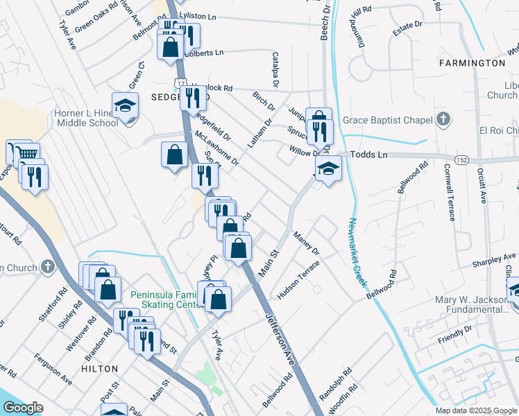 map of restaurants, bars, coffee shops, grocery stores, and more near 321 Maney Drive in Newport News