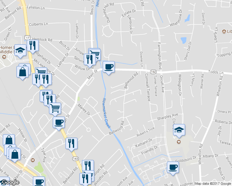 map of restaurants, bars, coffee shops, grocery stores, and more near 7 Ironwood Way in Hampton